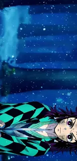 Anime warrior in snowy, blue forest night scene.