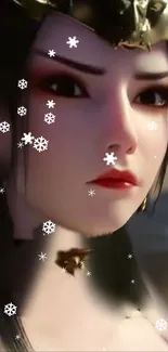 Anime princess with snowflakes and serene expression in winter scene.