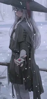 Mysterious anime character in snowy winter scene.