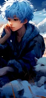 Anime character with blue hair and wolves in snowy landscape.