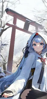 Anime character at snowy shrine, winter scene.