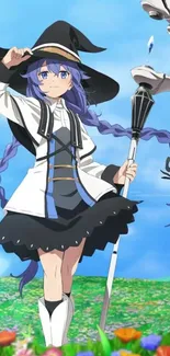 Anime wizard with a staff under a bright blue sky.