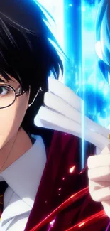 Anime wizard with magical blue glow and red cloak in fantasy wallpaper.