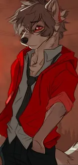 Anime wolf in red jacket under sunset background.