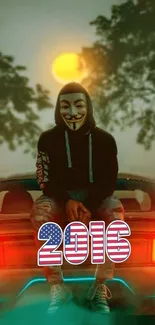 Anonymous figure on car at sunset with 2016 text in American flag design.