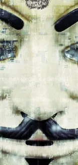 Anonymous mask with digital code overlay on mobile wallpaper.