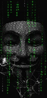 Anonymous mask with green matrix code and shattered glass.