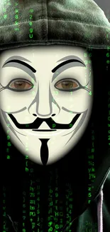 Anonymous mask with digital green code wallpaper.