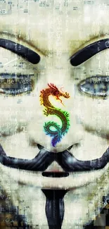 Anonymous mask with colorful dragon and code background.