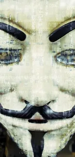 Mysterious Guy Fawkes mask with coding background on wallpaper.