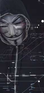 Mysterious hacker mask with digital elements on a dark background.