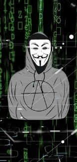 Anonymous hacker with matrix code background in black and green tones.