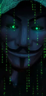 Anonymous mask with digital green code wallpaper.