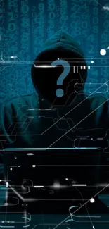 Hacker silhouette in front of digital code background.