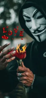 Anonymous figure with mask holding a fiery rose.