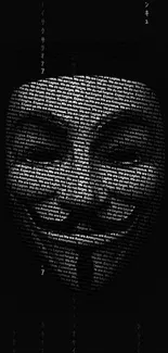 Dark themed Anonymous mask with text art design on a phone wallpaper.