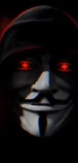 Anonymous mask with glowing red eyes in a dark background.