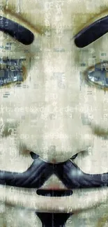 Anonymous mask with digital code overlay on mobile wallpaper.