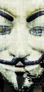 Anonymous mask with digital coding background in beige tones.