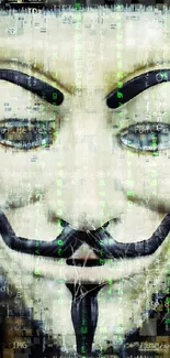 Digital artwork of the Anonymous mask with a hacker theme on a mobile wallpaper.