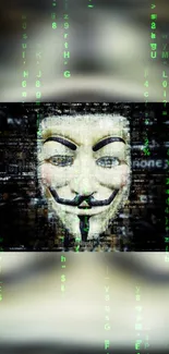 Anonymous mask with digital code, hacker-themed wallpaper.