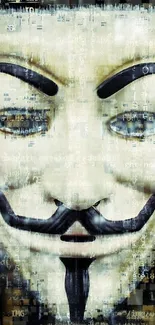 Anonymous mask with digital code overlay in dark tones.