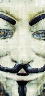 Anonymous mask with digital code background in olive tones.