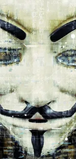 Digital art of an Anonymous mask with a techy background in dominant beige tones.