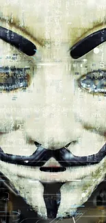 Anonymous mask with digital art and cryptic codes on a mobile wallpaper.