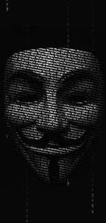 Anonymous mask formed with digital text on a dark background.