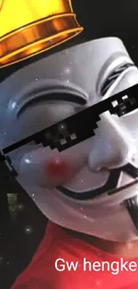 Anonymous mask with crown and sunglasses, cartoon style.