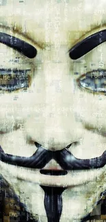 Enigmatic Anonymous mask with digital coding overlay, perfect for mobile screens.