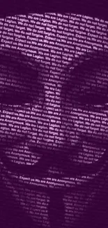 An artistic mobile wallpaper of an Anonymous mask formed by text in purple tones.