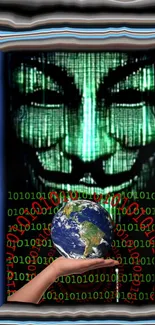 Anonymous mask with Earth and binary code background wallpaper.