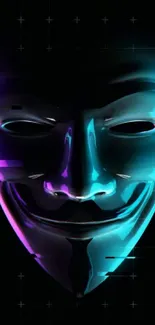 Neon mask with glitch effects on dark background.