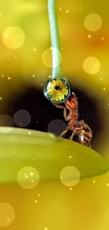 Close-up of an ant holding a dew drop on a yellow background.