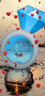 Ant in a droplet with a blue diamond on a reflective water surface.