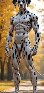 Anthropomorphic Dalmatian standing in autumn forest pathway.