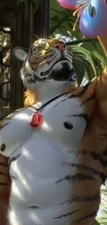 Anthropomorphic tiger holding a flower in a jungle setting.