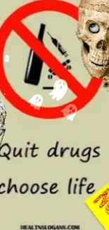 Anti-drug wallpaper with skulls and warning message.