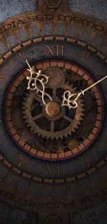 Intricate antique gear clock with Roman numerals.