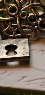 Antique golden key and lock on a rustic surface mobile wallpaper.