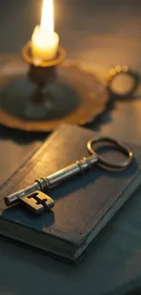 Antique key resting atop a leather-bound book near a candle.