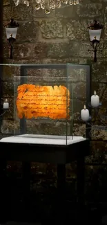 Antique scroll in glass case with stone wall and candles.