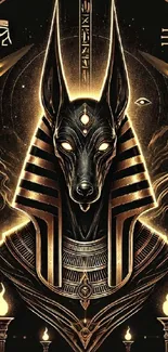 Anubis art wallpaper with golden Egyptian motifs on a dark background.