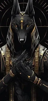 Futuristic Anubis-themed wallpaper with gold details