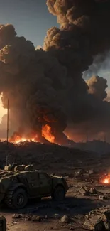 Apocalyptic scene with tanks and explosions in a smoky battlefield.