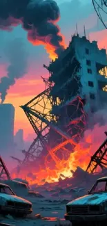 Apocalyptic cityscape with sunset and ruins.