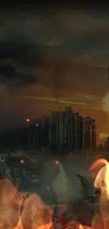 Dark apocalyptic cityscape with burning buildings and ominous sky.