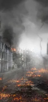 Apocalyptic cityscape with fire and smoke in a burned-out urban street.